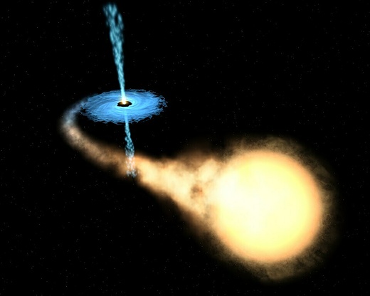 Künstlerische Darstellung eines schwarzen Lochs, das Material eines nahegelegenen Sterns entzieht. 