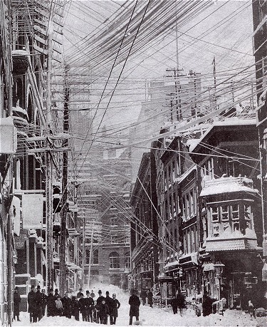 Oberirdische Telefon-, Telegrafen- und Stromleitungen in New York City (1888) 