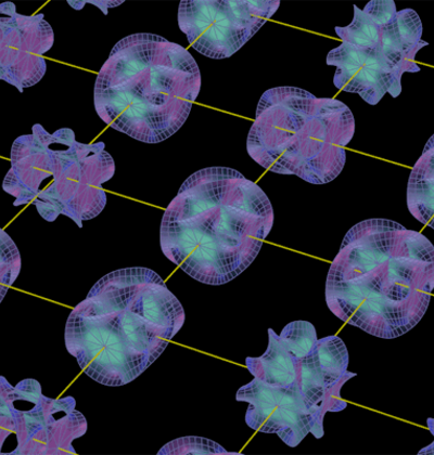 Calabi-Yau-Mannigfaltigkeit, zu der die sechs Extradimensionen in jedem Punkt der Raumzeit „aufgerollt“ sind 