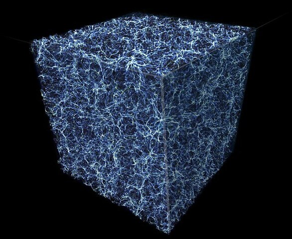 Ausschnitt aus der spinnennetzartigen Struktur des Universums, dem so genannten „kosmischen Netz“. Diese großen Fäden bestehen größtenteils aus dunkler Materie, die sich im Raum zwischen den Galaxien befindet. 