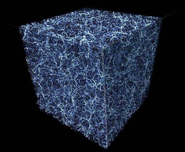 Ausschnitt aus der spinnennetzartigen Struktur des Universums, dem so genannten „kosmischen Netz“. Diese großen Fäden bestehen größtenteils aus dunkler Materie, die sich im Raum zwischen den Galaxien befindet. 
