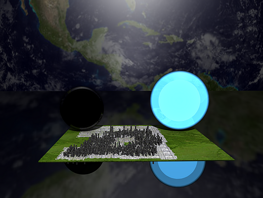 Größenvergleich eines schwarzen Loches und eines Neutronensterns mit jeweils einer Sonnenmasse (Fläche Stadt: \(40\times 40\;\mathrm{km}\), etwa die Fläche von London) 