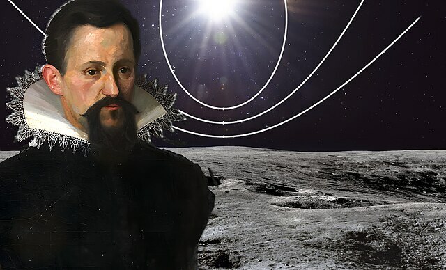 Portrait von Johannes Kepler mit Darstellung seiner elliptischen Bahnen. 