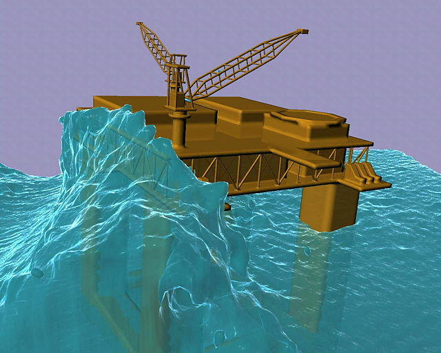 Simulation einer „Monsterwelle“, die auf eine Bohrinsel trifft 