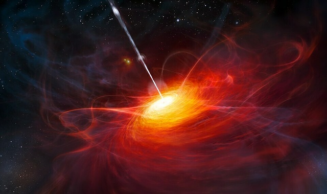 künstlerisch Darstellung des etwa 28 Milliarden Lichtjahre entfernten Quasars ULAS J1120+0641 mit einer Masse von zwei Milliarden Sonnen. 