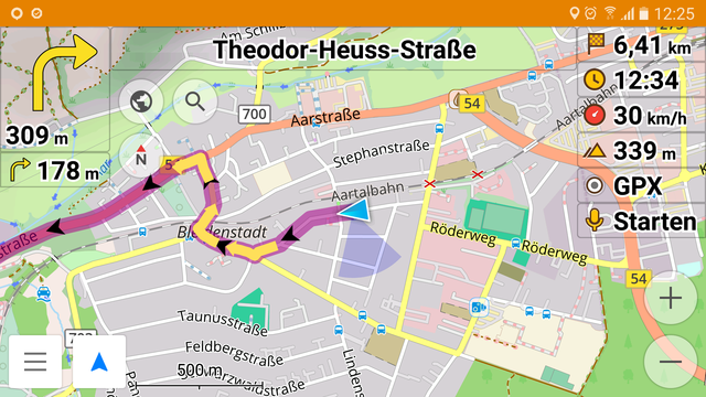 Geschwindigkeitanzeige auf einem Navi (rechts oben) 